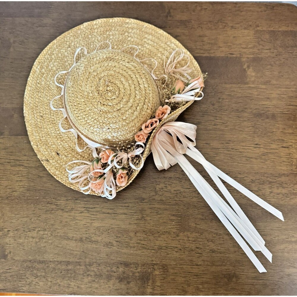 Straw Hat with Peach Flowers, Ribbons Grannycore Cottagecore Wall Decor - Picture 2 of 10
